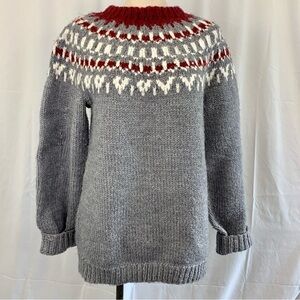Hand Knit Grey and Red Fair Isle Women's Knit Sweater